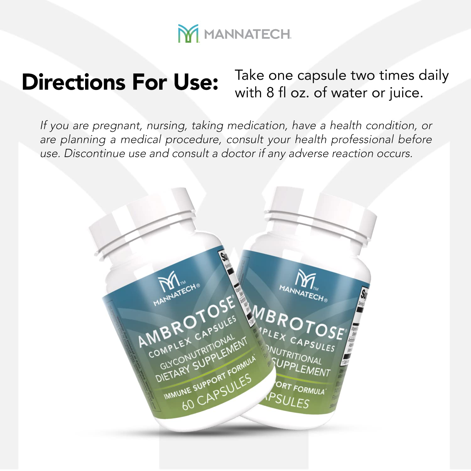 Mannatech Ambrotose Complex capsules against a neutral background suggesting brain and gut support