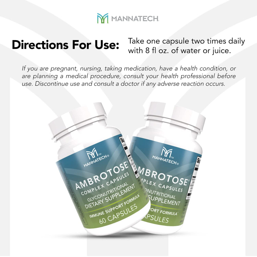 Mannatech Ambrotose Complex capsules against a neutral background suggesting brain and gut support