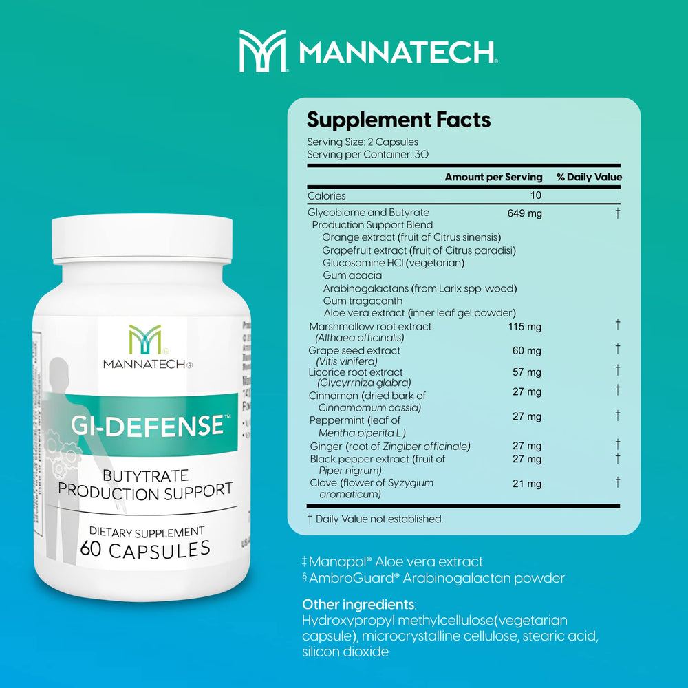 Mannatech Butyrate Supplement bottle label highlights GI-Defense and barrier support.