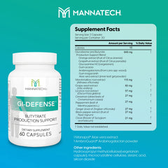 Mannatech Butyrate Supplement bottle label highlights GI-Defense and barrier support.