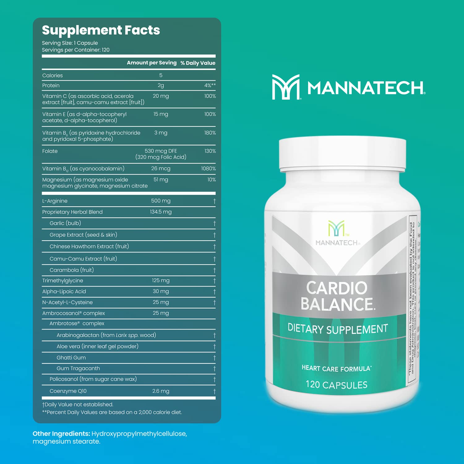 Mannatech CardioBALANCE capsules close-up with CoQ10 and L-Arginine ingredients.