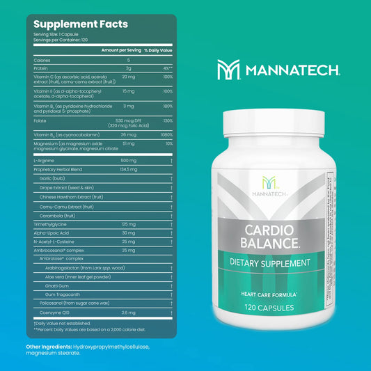 Mannatech CardioBALANCE capsules close-up with CoQ10 and L-Arginine ingredients.