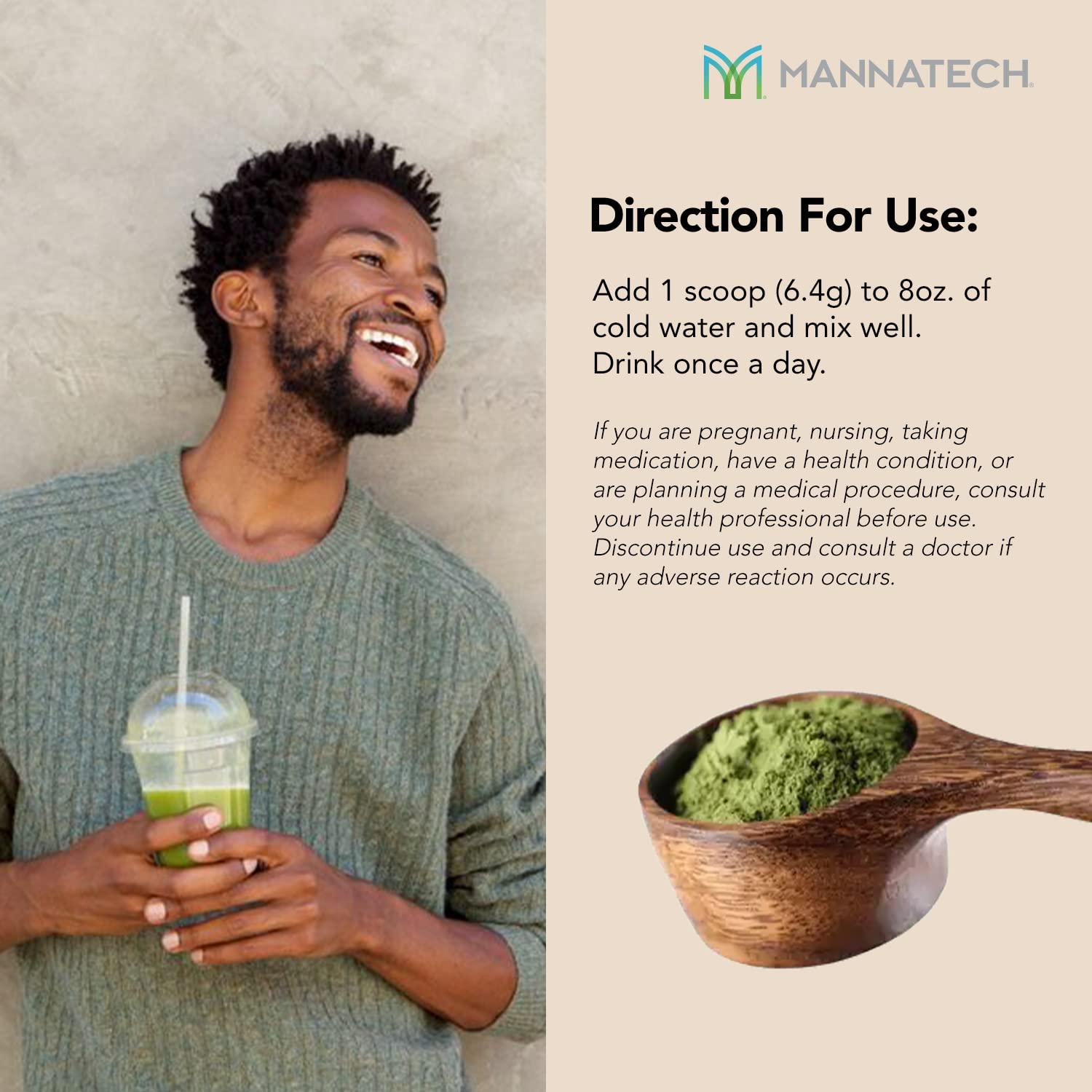 Daily-use imagery of Mannatech powder mix supporting gut and immunity.
