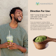 Daily-use imagery of Mannatech powder mix supporting gut and immunity.
