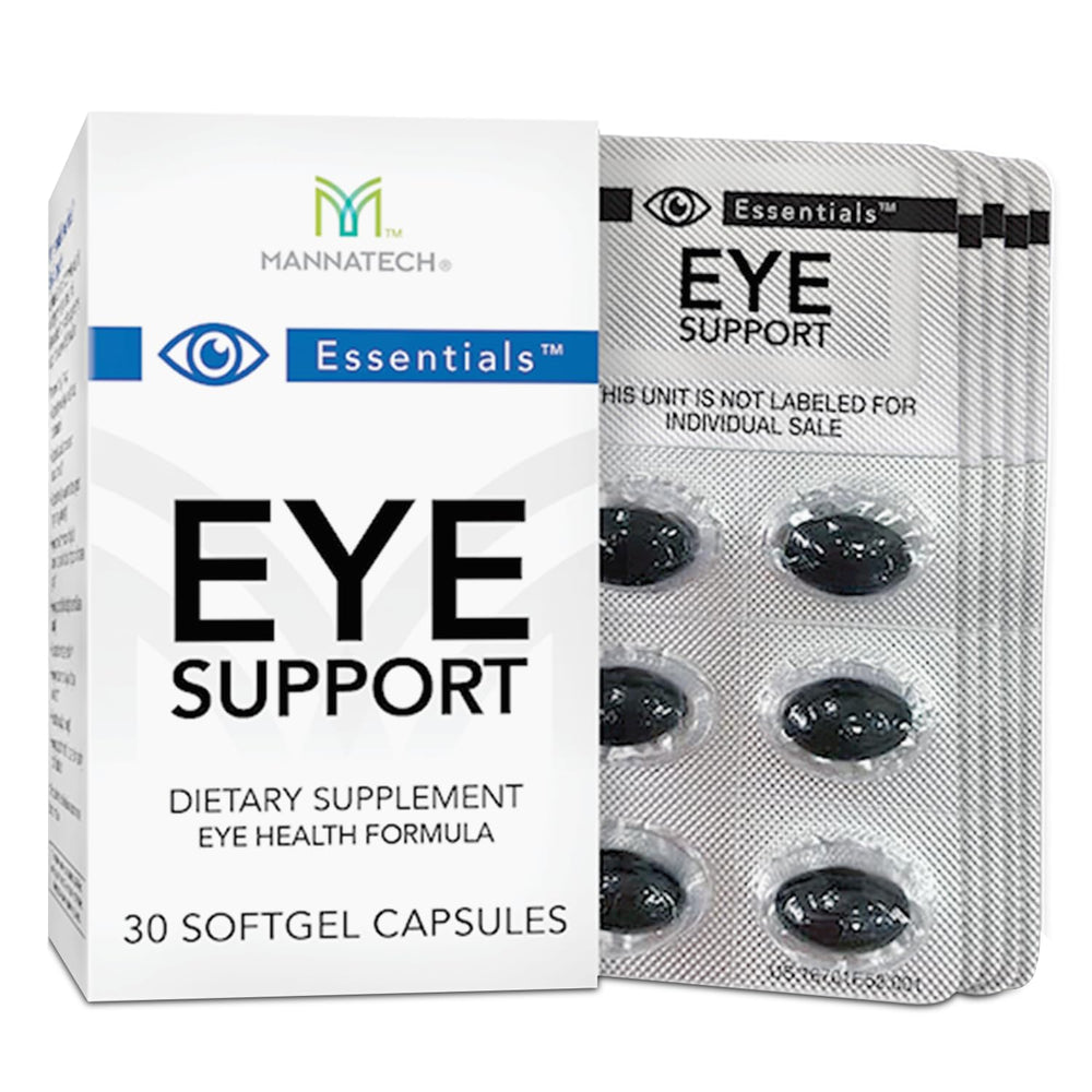 Mannatech Eye Care Supplement bottle emphasizes lutein and zeaxanthin for eye health.