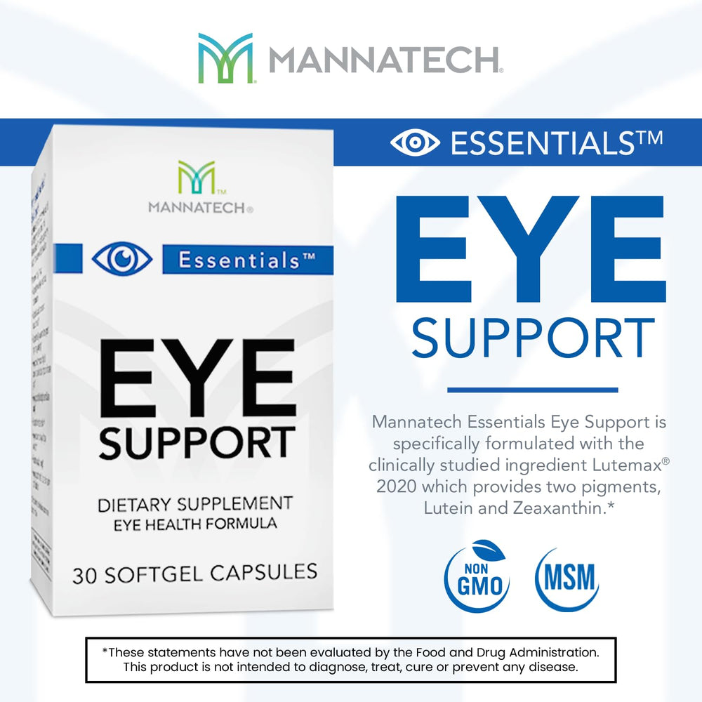 Mannatech Eye Care Supplement label highlights ingredients and daily dosage.
