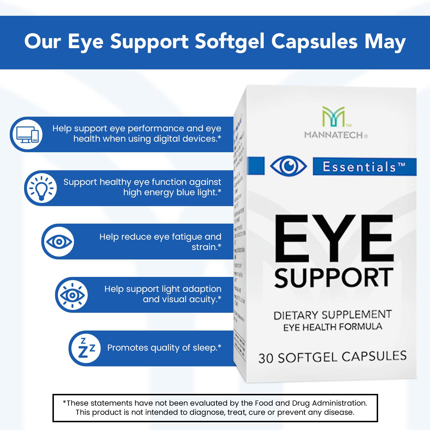 Mannatech Eye Care packaging on display with softgels for digital-age eye care.