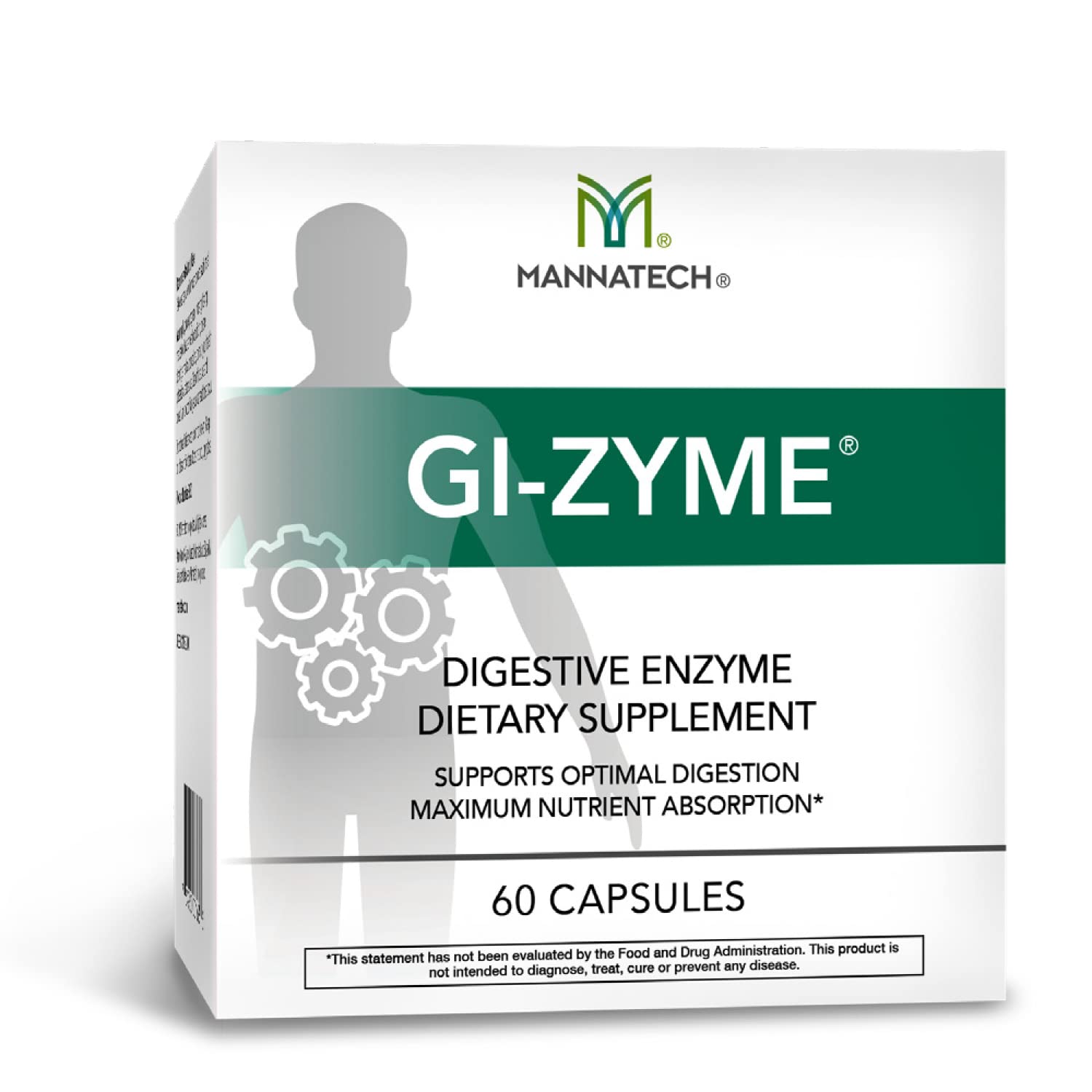 Mannatech GI-Zyme bottle front view for easy meal-time use.