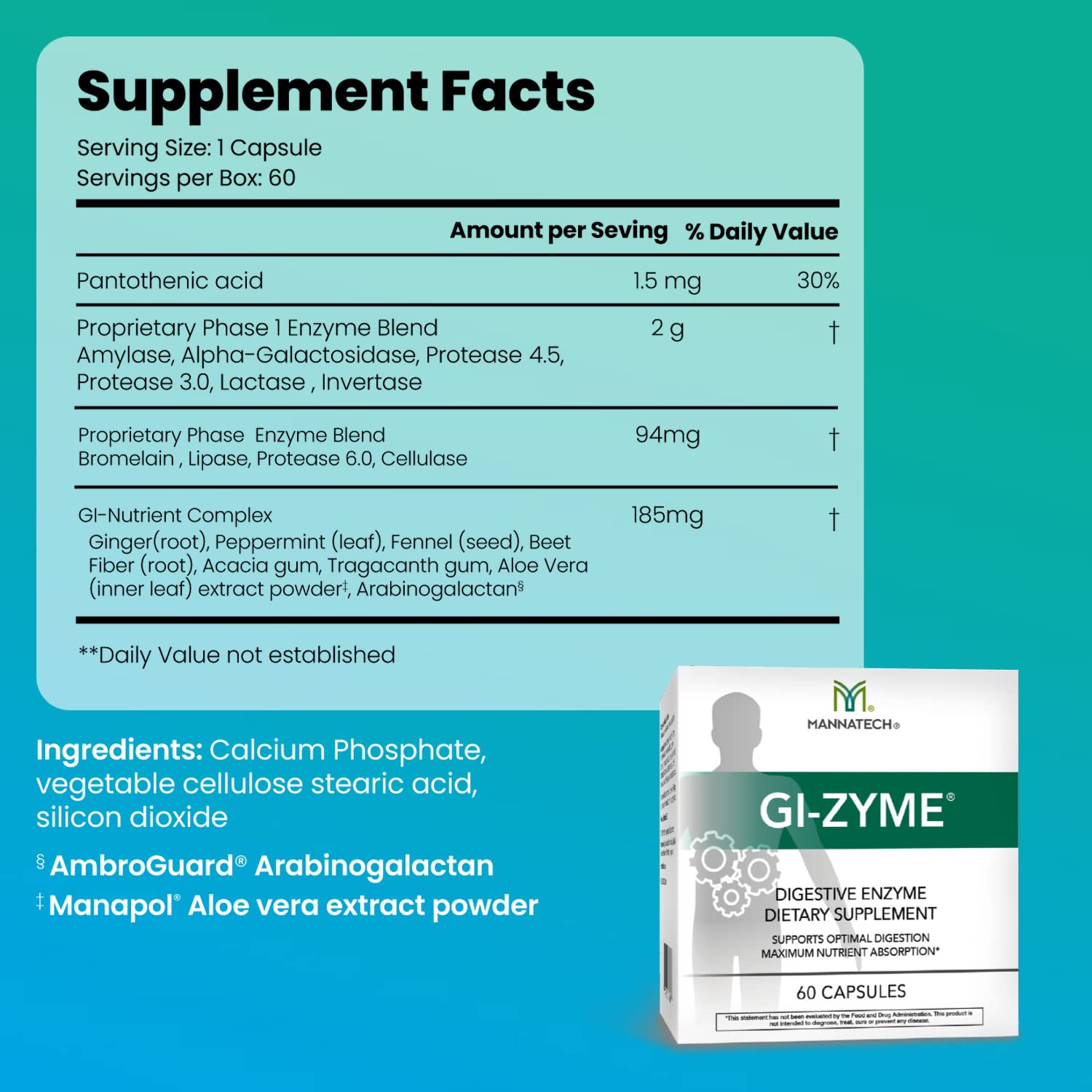Mannatech GI-Zyme capsules stacked to suggest daily supplementation.