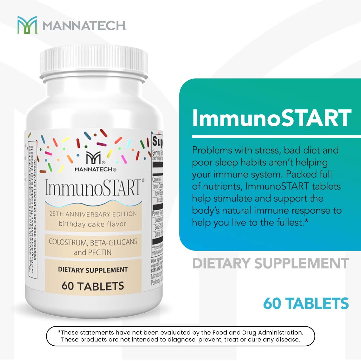 Mannatech ImmunoSTART birthday cake packaging box highlighting 25th anniversary edition