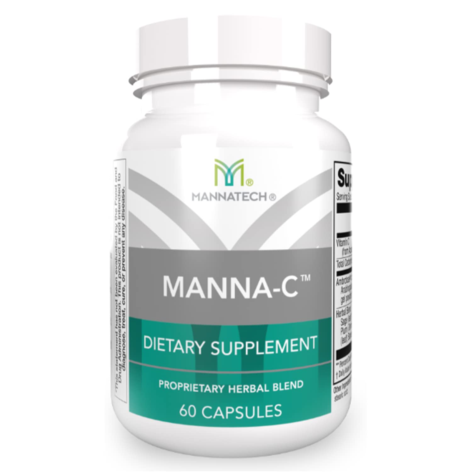 Mannatech Manna-C bottle front view highlighting daily immune and respiratory support potential.
