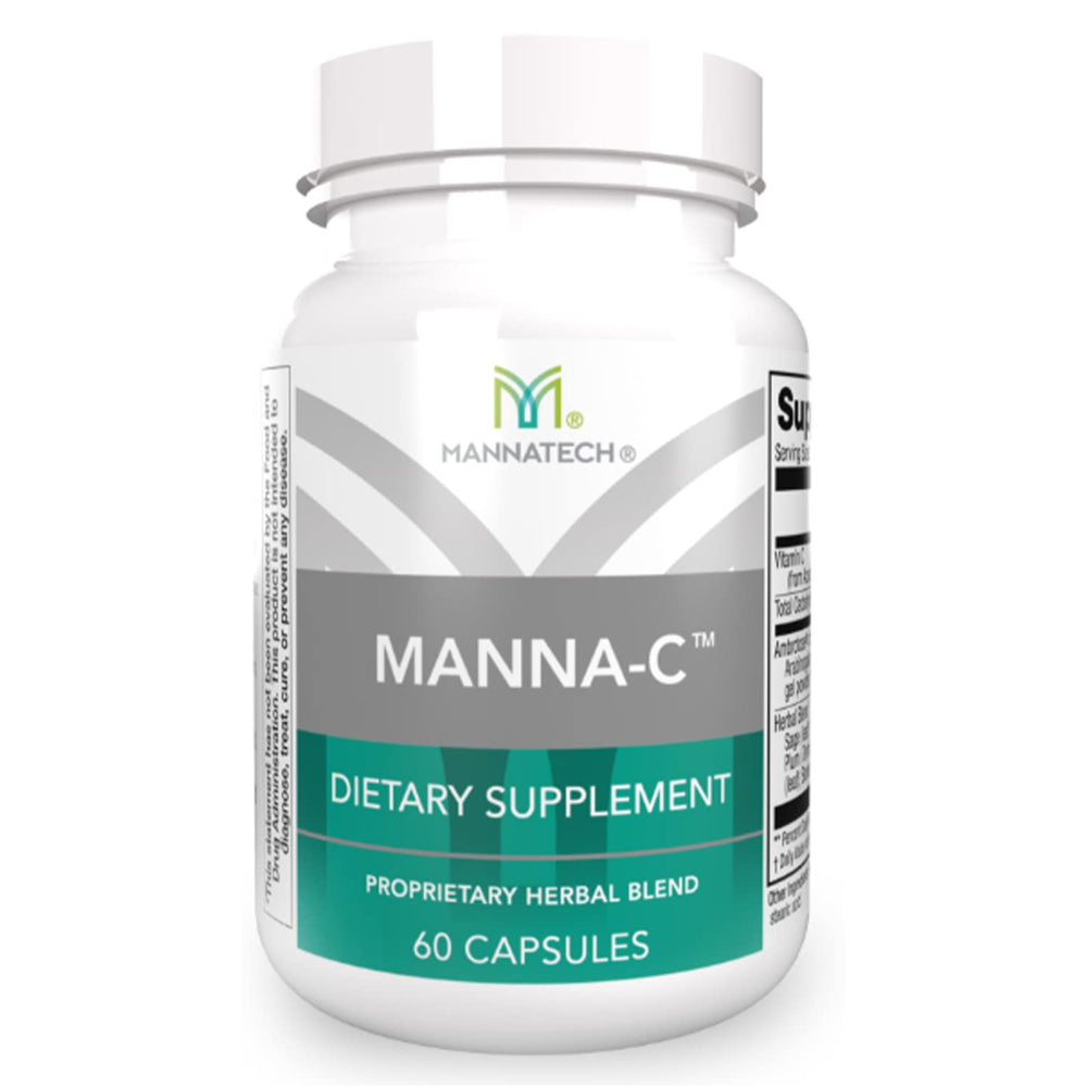 Mannatech Manna-C bottle front view highlighting daily immune and respiratory support potential.
