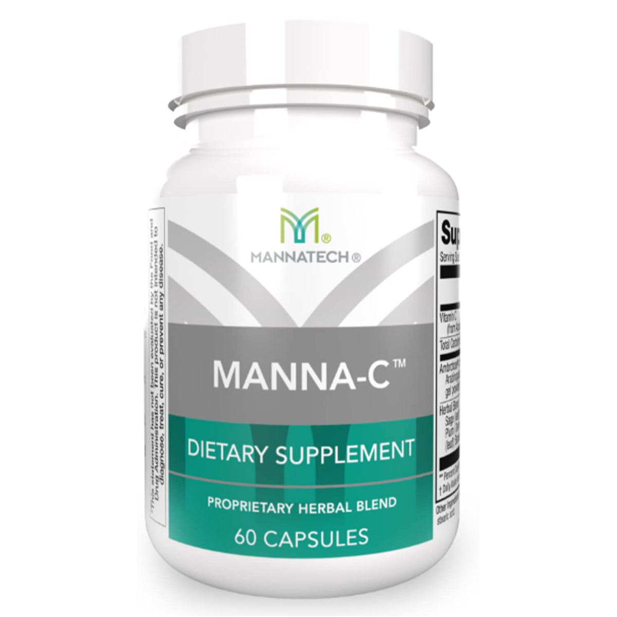 Mannatech Manna-C bottle front view highlighting daily immune and respiratory support potential.