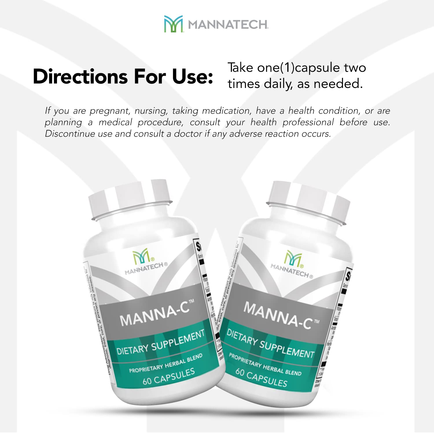 Mannatech Manna-C packaging showcased for reliable multi-plant blend supplementation.