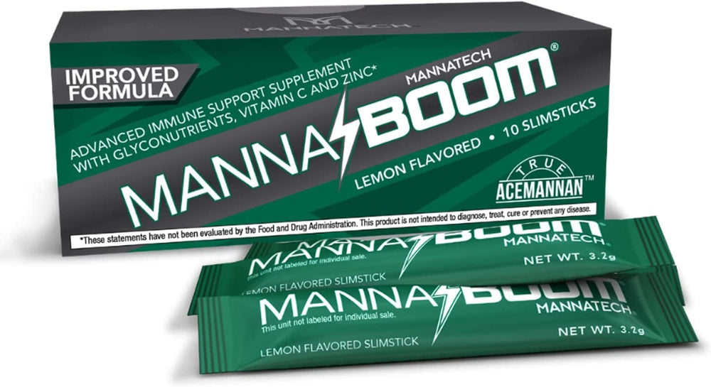 Mannatech MannaBOOM slimstick pack shows citrus flavor for on-the-go immune support.