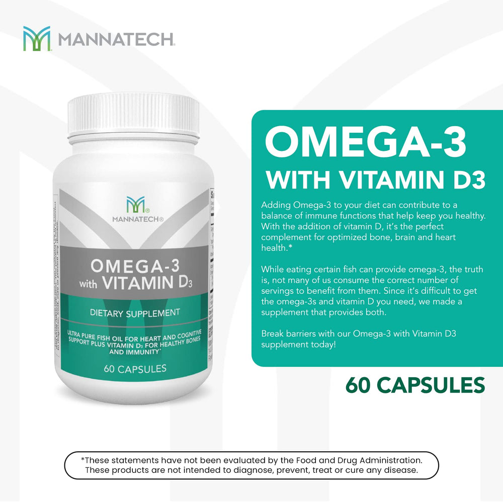 Mannatech Omega-3 bottle front label highlighting EPA/DHA for brain and heart support