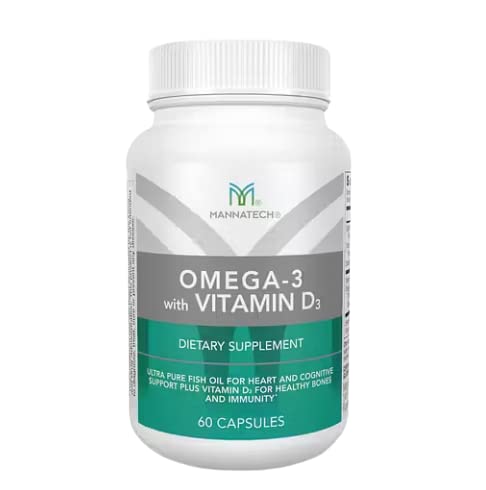Mannatech Omega-3 with Vitamin D3 bottle on counter for daily health
