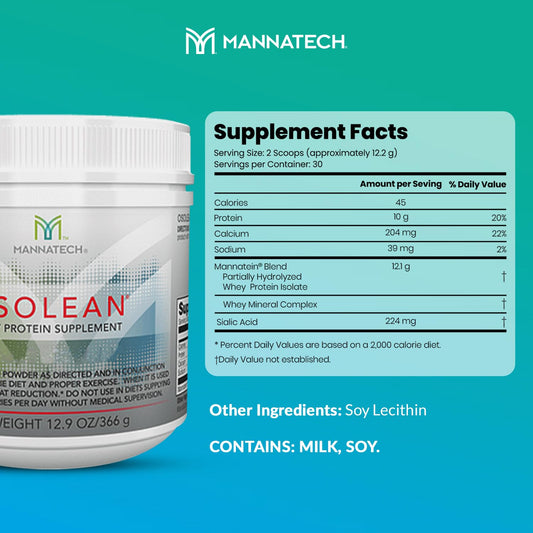 Brand Mannatech OsoLean canister back view with nutrition panel for balanced supplementation.