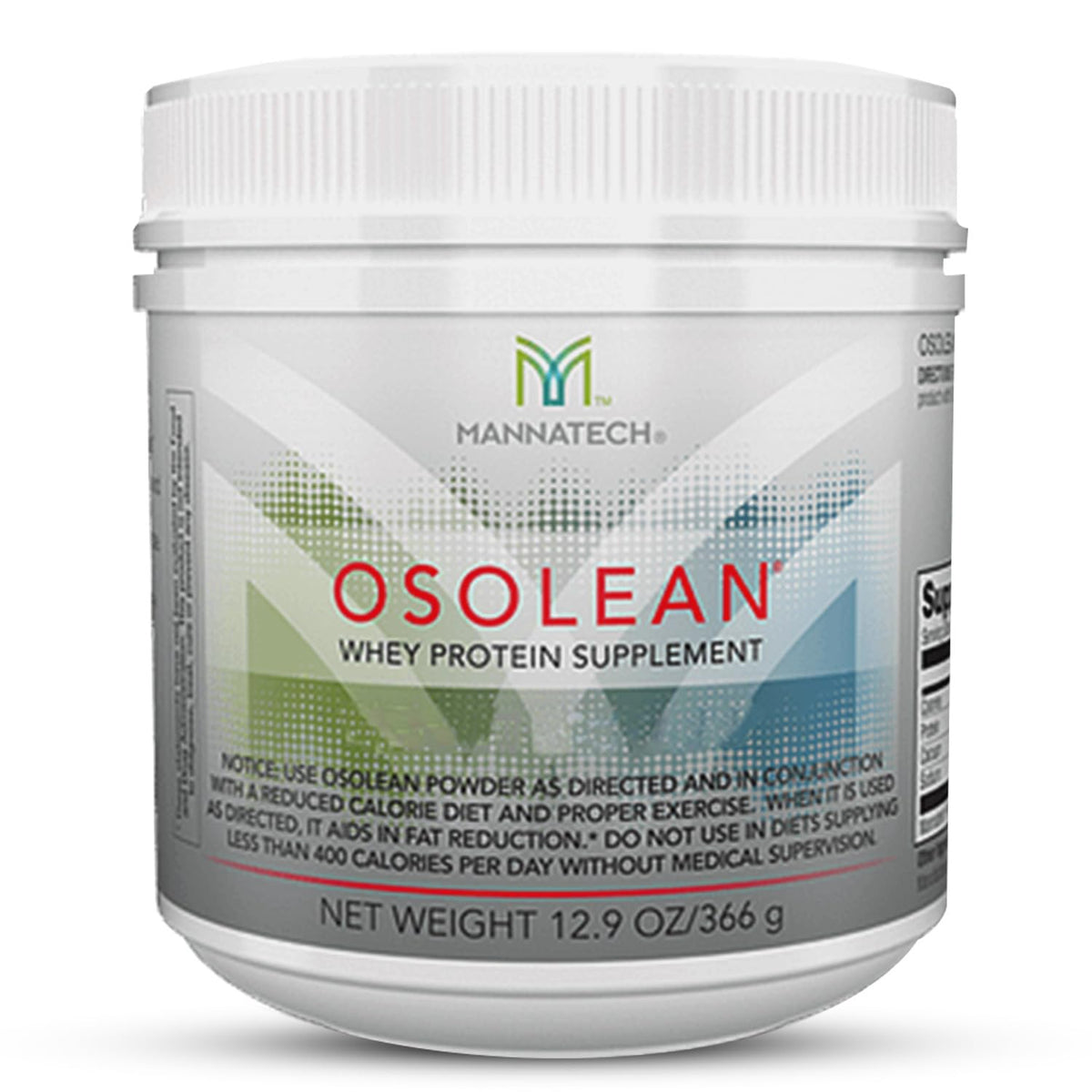 Brand Mannatech OsoLean canister front view showcasing a portable protein source.