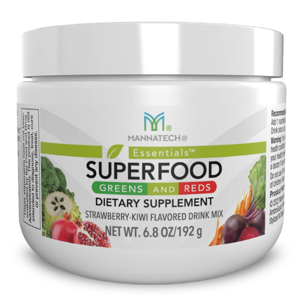 Mannatech Greens and Reds bottle showing Strawberry-Kiwi flavor for daily nutrition.