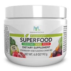 Mannatech Greens and Reds bottle showing Strawberry-Kiwi flavor for daily nutrition.