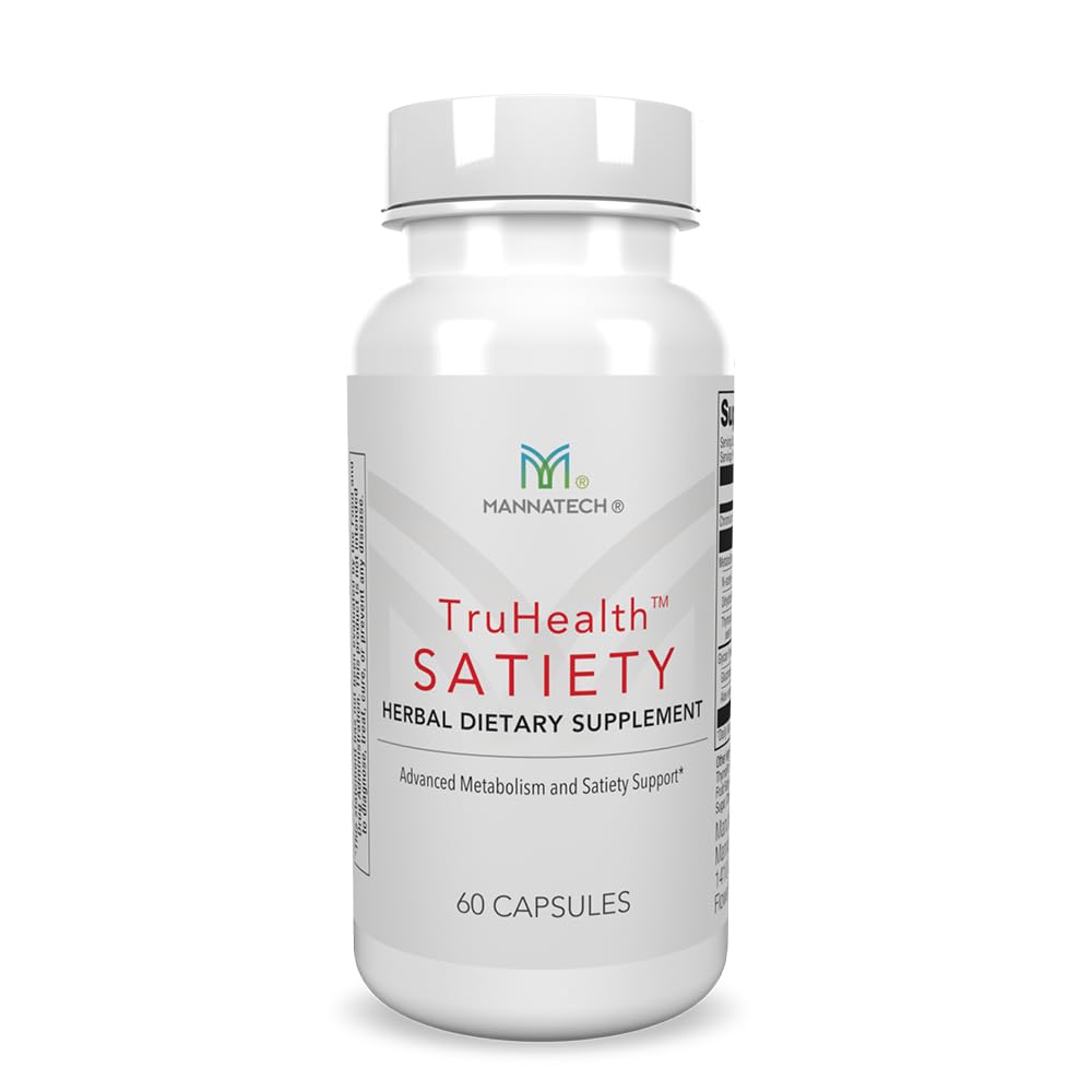 Mannatech TruHealth Satiety bottle with capsules supporting mindful eating and daily wellness.