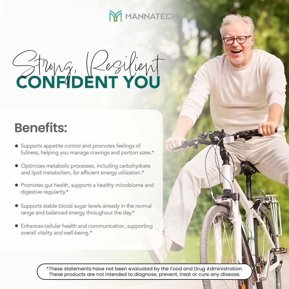Mannatech TruHealth Satiety ingredients highlight MetaboBiome blend and chromium support.