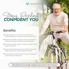 Mannatech TruHealth Satiety ingredients highlight MetaboBiome blend and chromium support.