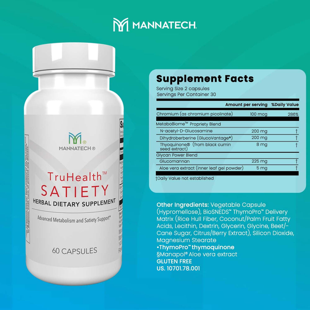 Mannatech TruHealth Satiety pour shows convenient bottle for on-the-go gut-friendly nutrition.