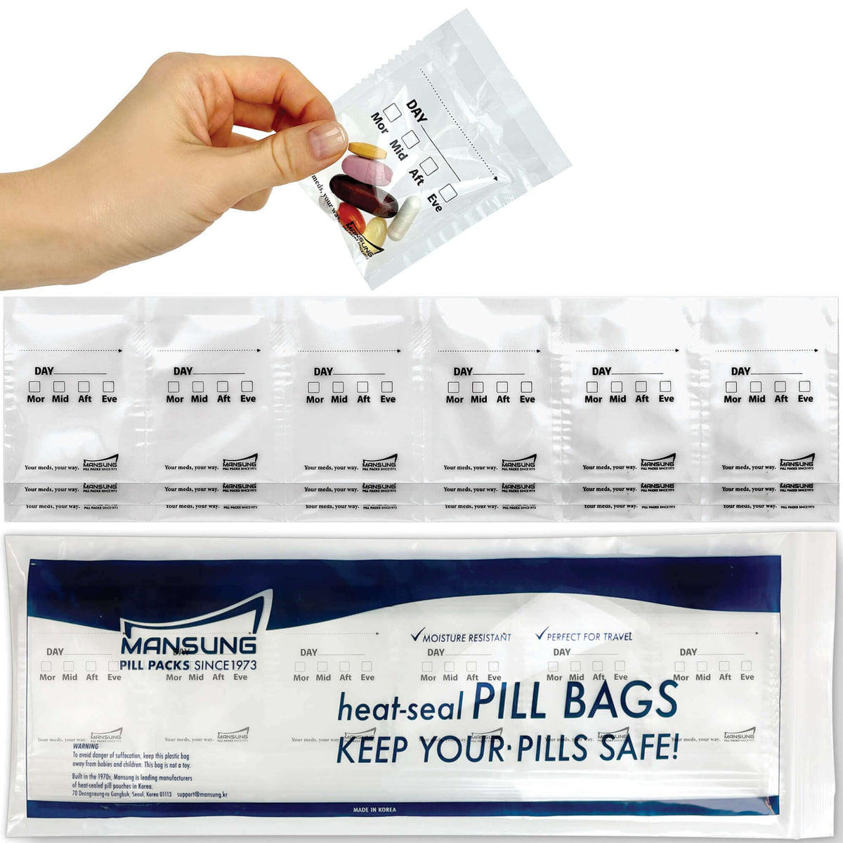 Mansung M600 heat-seal bags protect meds from moisture and air during storage.