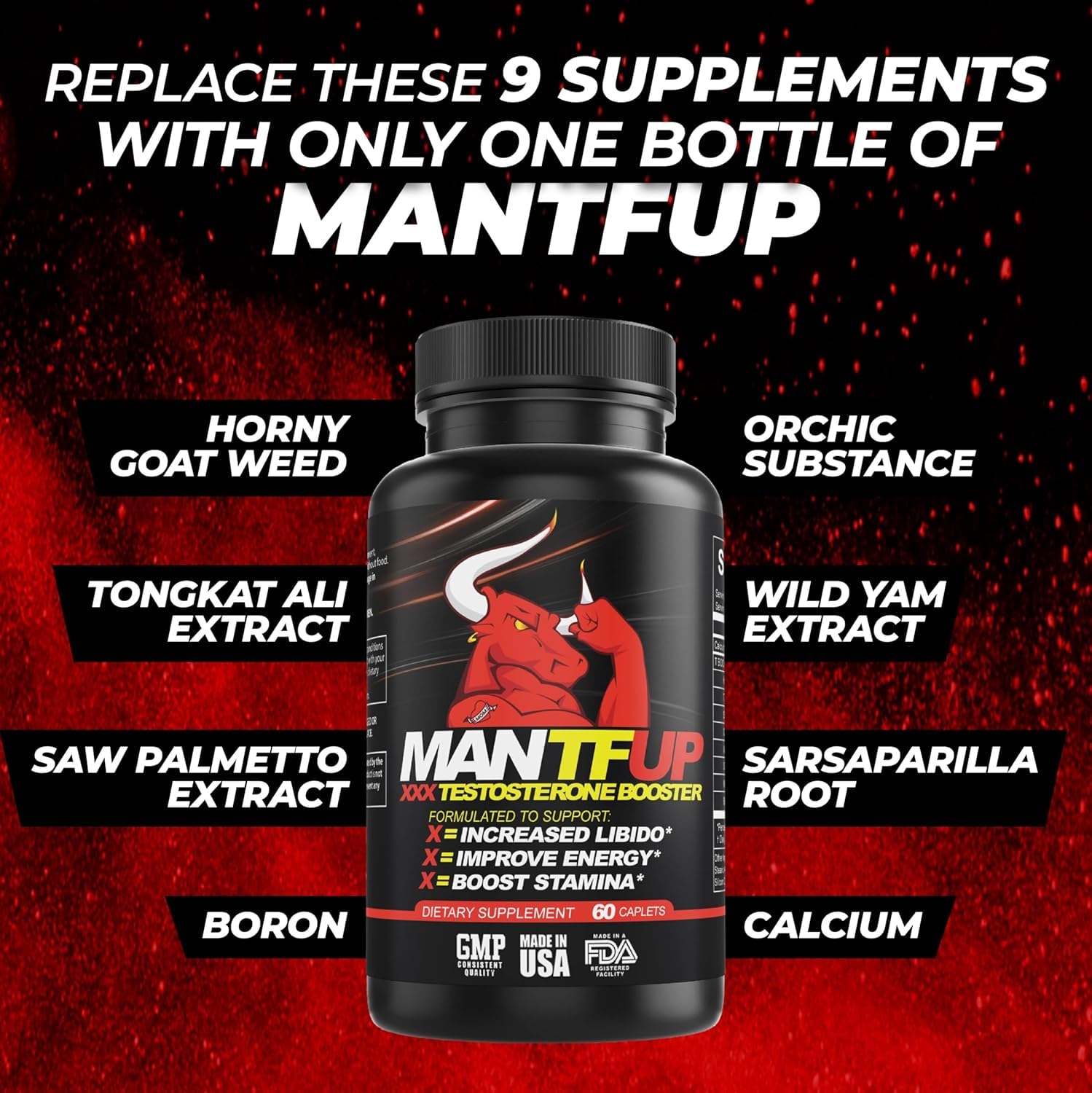 MANTFUP Vitality Enhancer bottle beside a glass of water for intake.