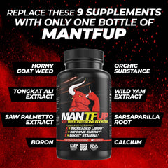 MANTFUP Vitality Enhancer bottle beside a glass of water for intake.