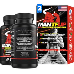 MANTFUP Vitality Enhancer caplets pouring from bottle for daily dosing.