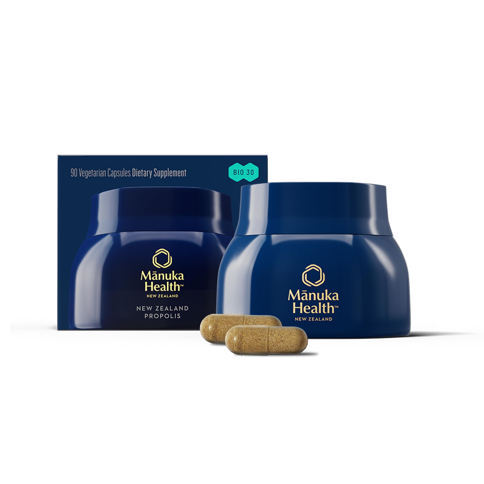 Manuka Health BIO30 Propolis bottle with daily immune support formula.