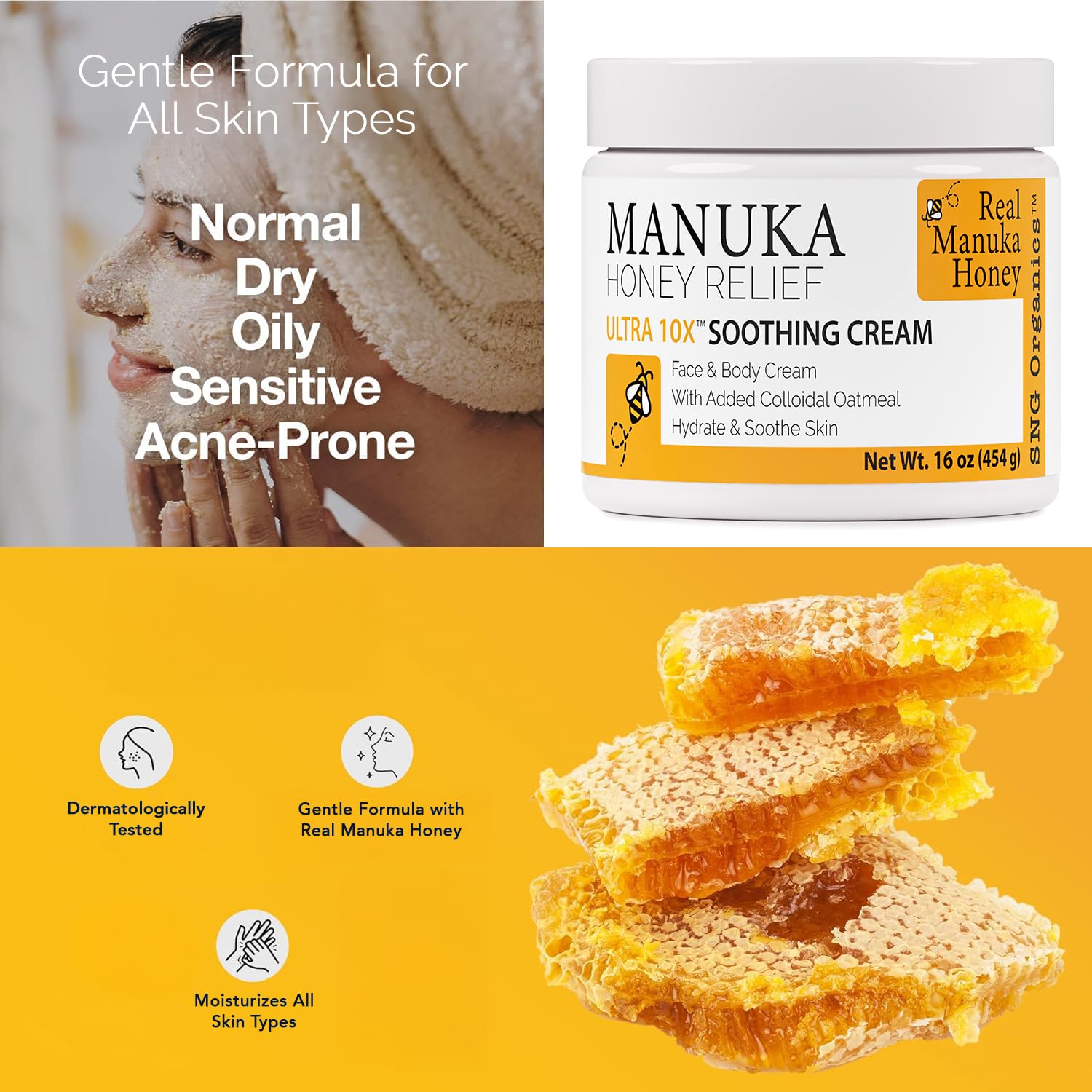 Close-up of Manuka Honey Cream texture showing creamy consistency and absorption.