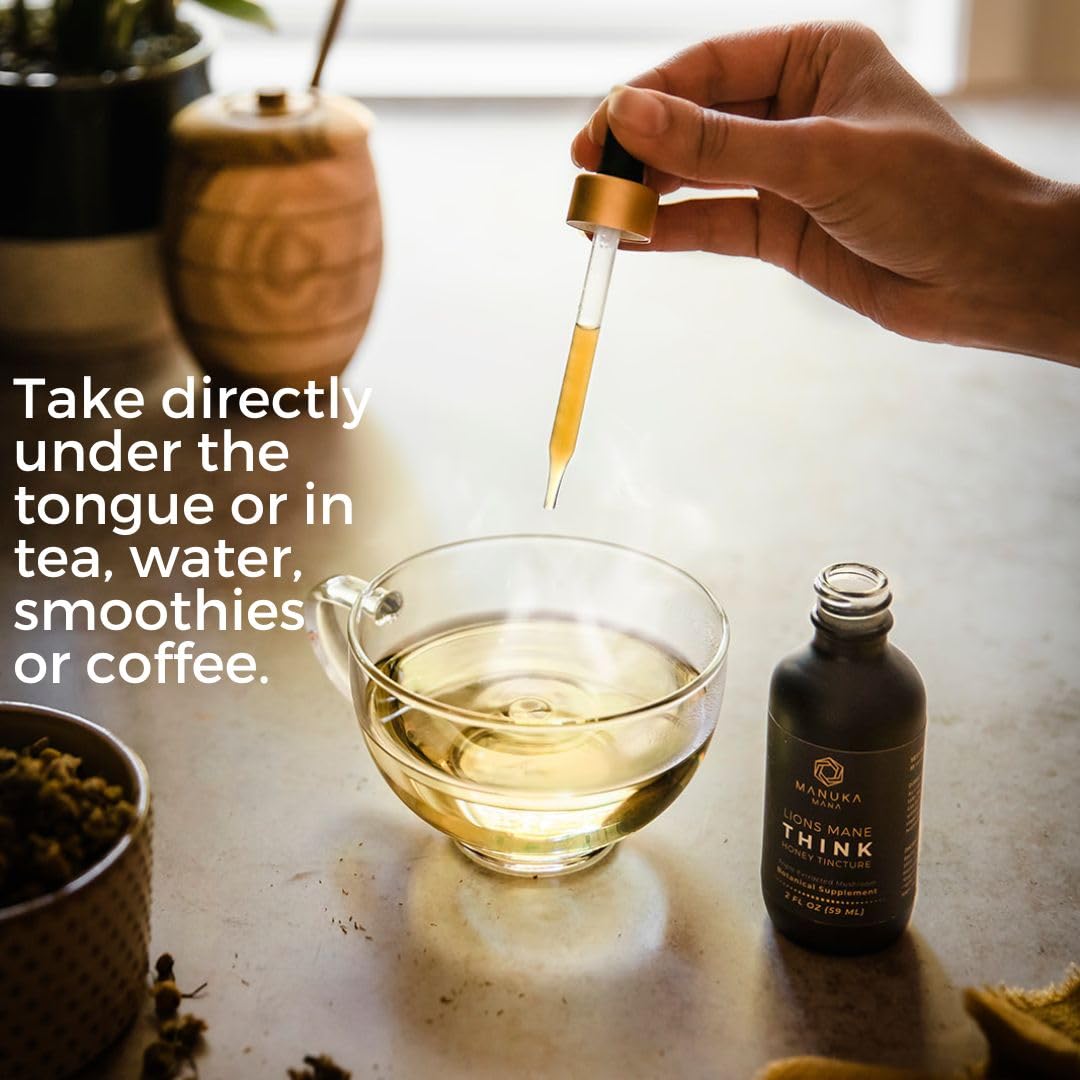 Manuka Mana Lions Mane Think Honey honey drizzle signals immune-friendly notes.