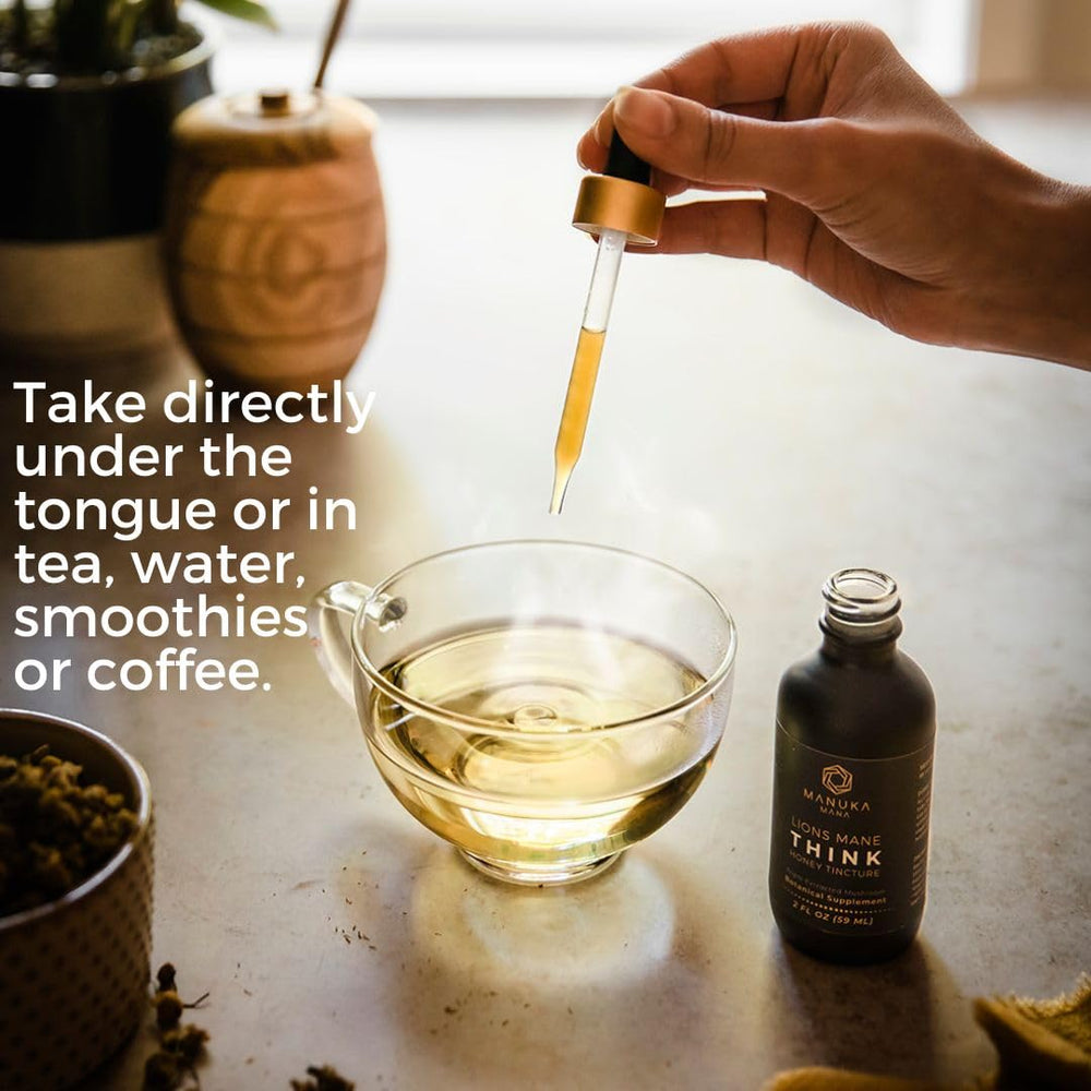 Manuka Mana Lions Mane Think Honey honey drizzle signals immune-friendly notes.