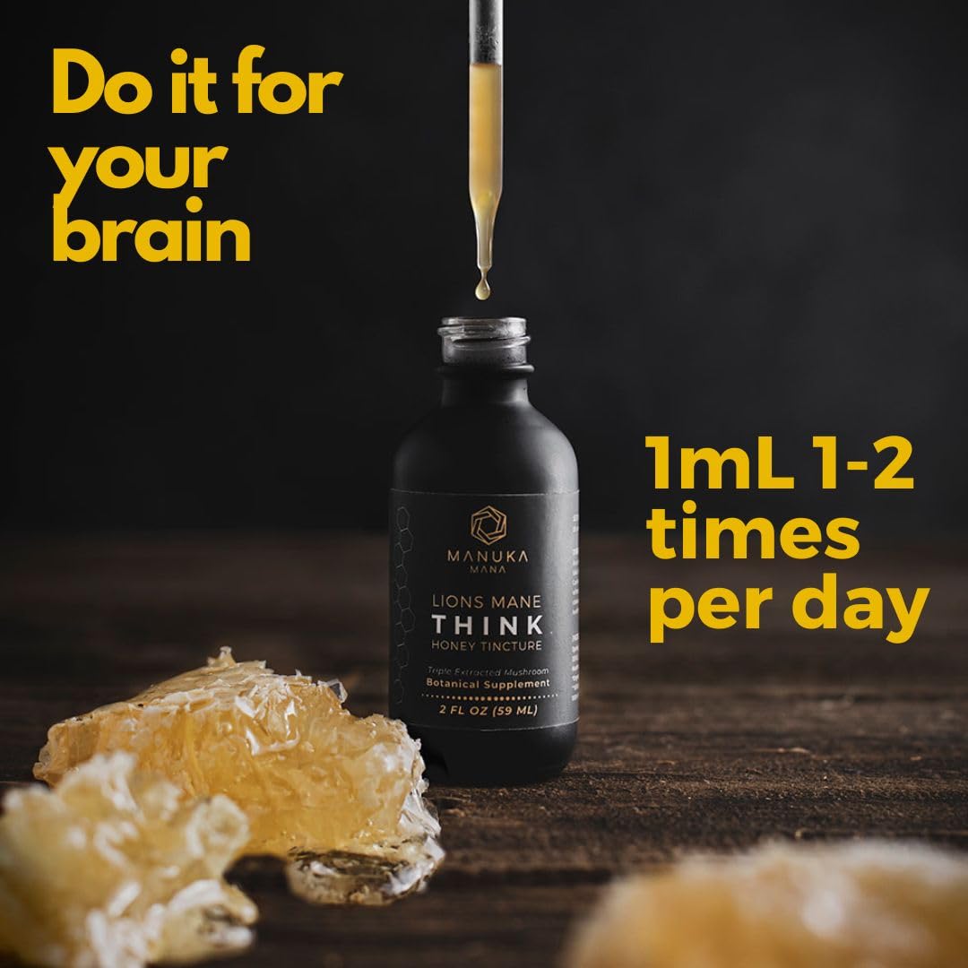 Manuka Mana Lions Mane Think Honey being poured for on-the-go cognitive support.