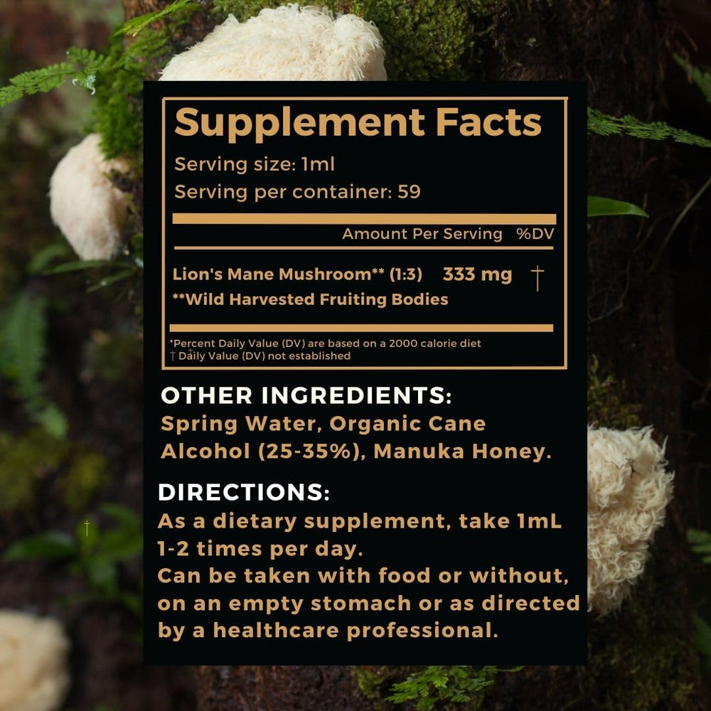 Manuka Mana Lions Mane Think Honey bottle shows 60 servings.
