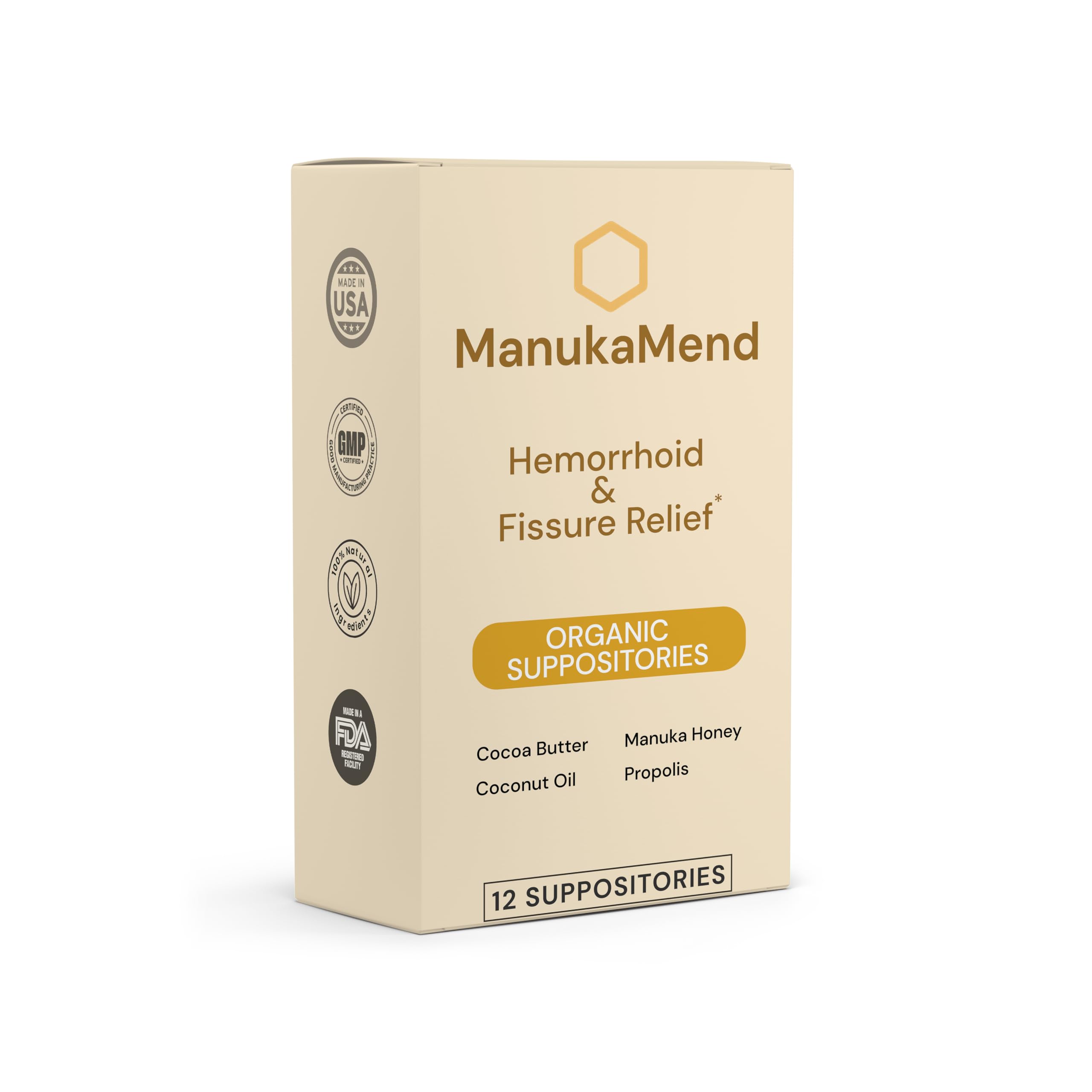 ManukaMend comfort support suppositories packaging highlights hygiene and portability.