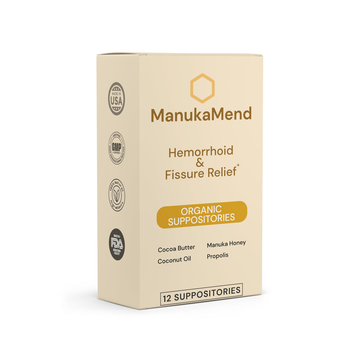 ManukaMend comfort support suppositories packaging highlights hygiene and portability.