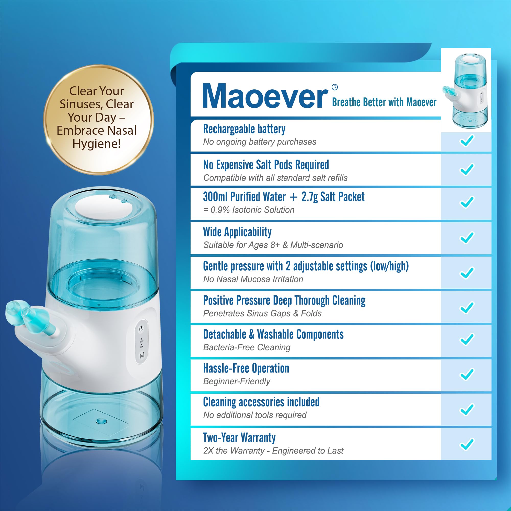 MAOEVER sinus rinse machine showing automatic waste collection for mess-free results
