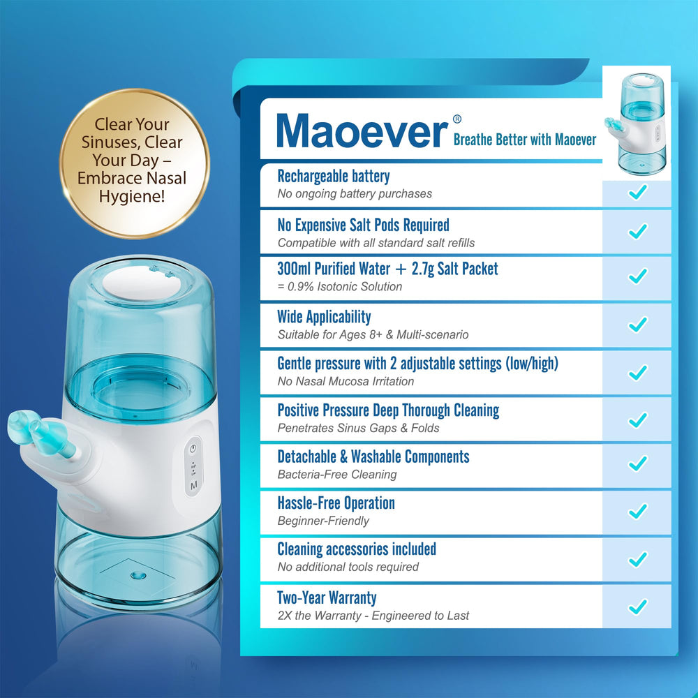 MAOEVER sinus rinse machine showing automatic waste collection for mess-free results