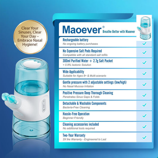 MAOEVER sinus rinse machine showing automatic waste collection for mess-free results