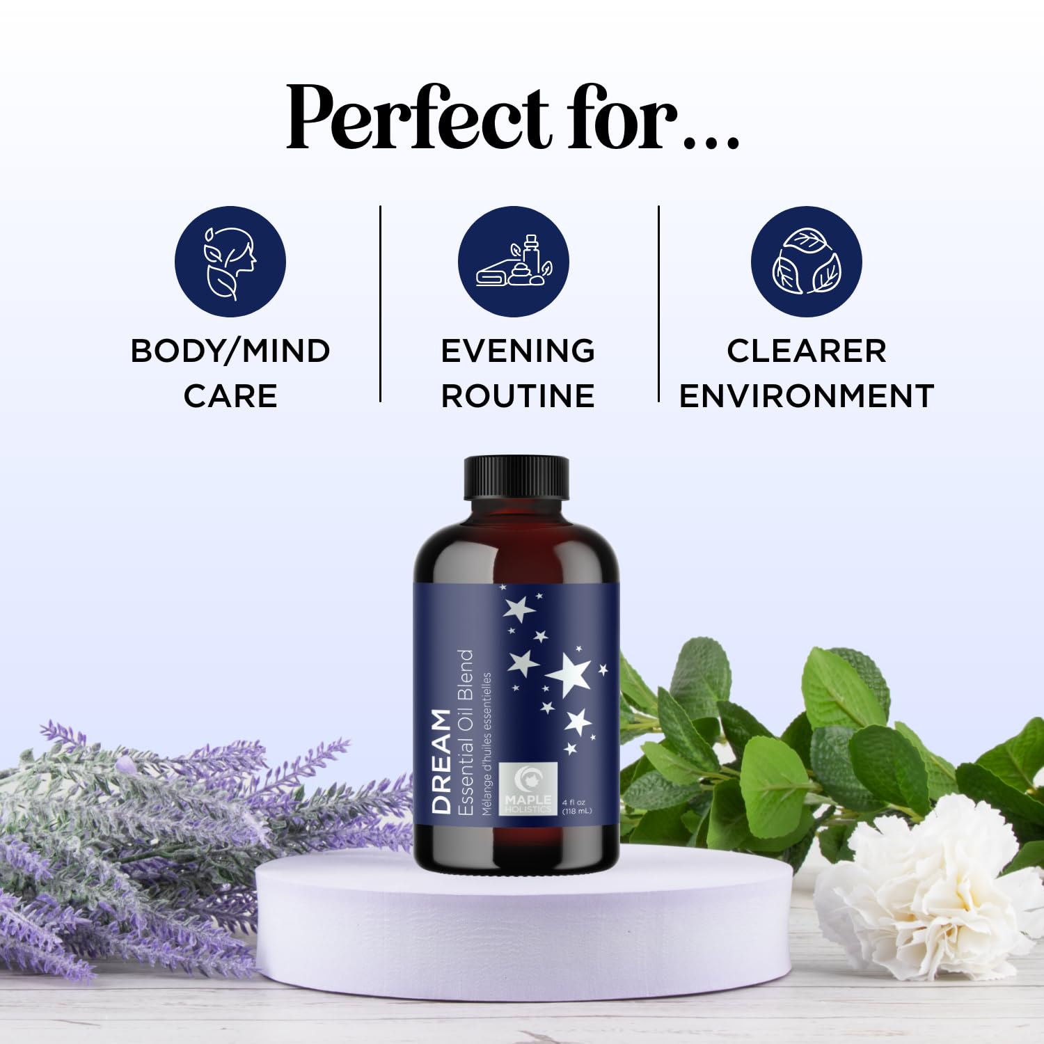 Maple Holistics Dream diffuser bottle showcasing the sleep blend for calm on the go