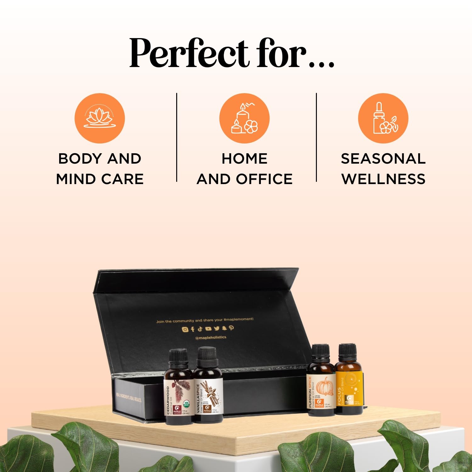 Maple Holistics Fall oil vial close-up highlights purity and quality