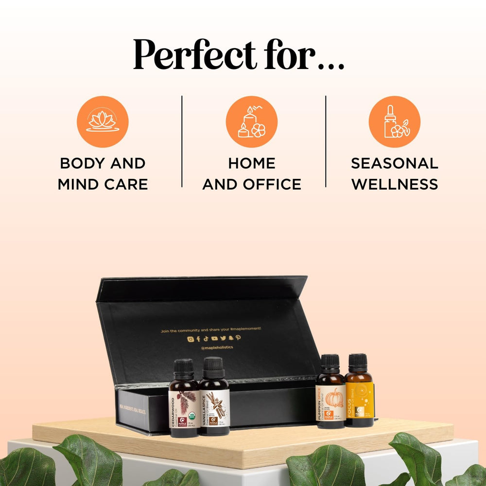Maple Holistics Fall oil vial close-up highlights purity and quality