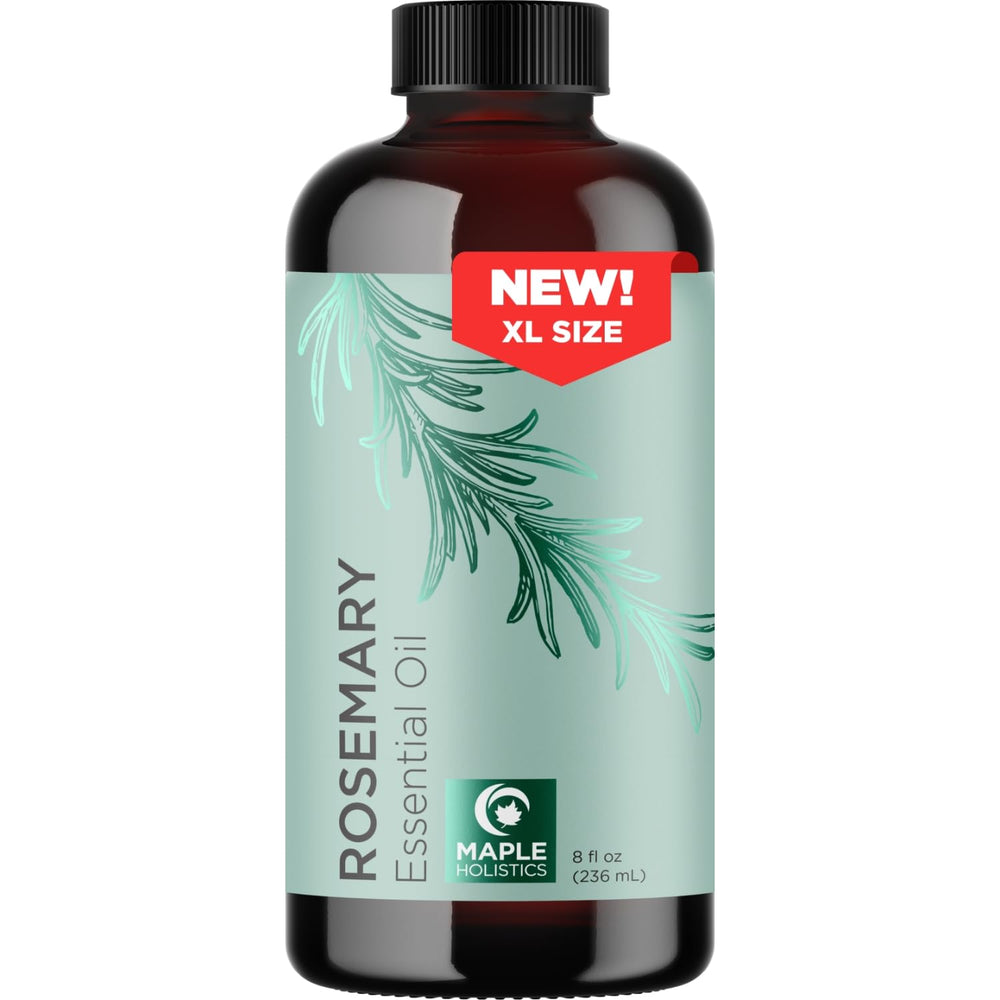 Maple Holistics rosemary oil bottle pour shows pure undiluted oil for hair and skin care.