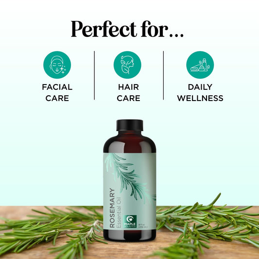 Maple Holistics rosemary oil label close-up emphasizes purity and fragrance.