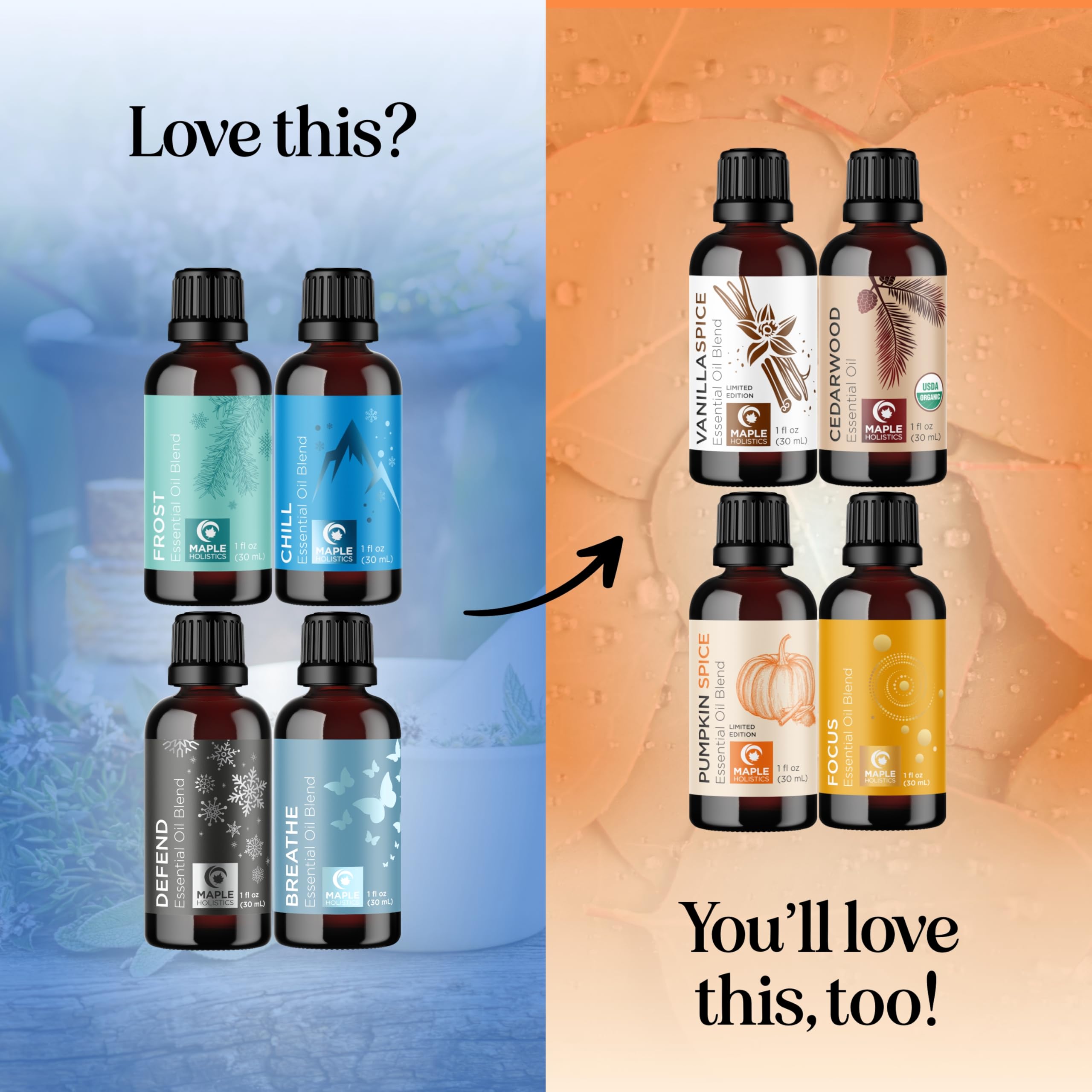 Maple Holistics 30mL bottle closeup, highlighting pure essential oil clarity
